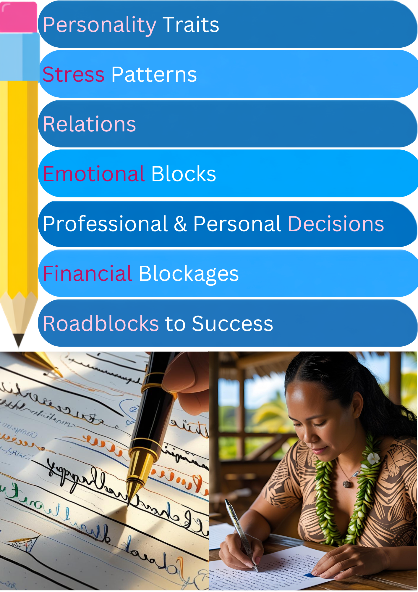 Self development insights from handwriting: stress patterns, professional and personal decisions, relations, roadblocks to success, financial issues, emotional blocks, personality traits