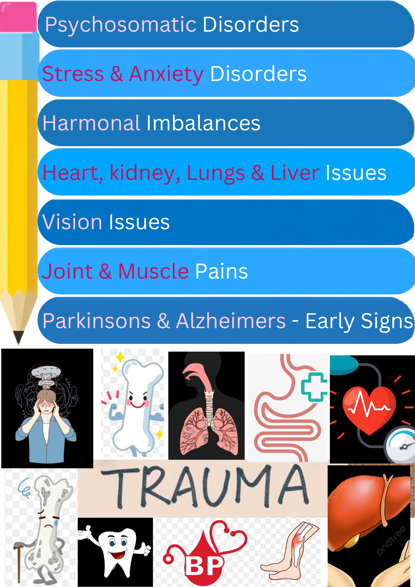 Health indicators visible in handwriting: psychosomatic disorders, stress and anxiety, hormonal imbalances, joint and muscle pains, vision issues, organ issues, early signs of Parkinson's and Alzheimer's