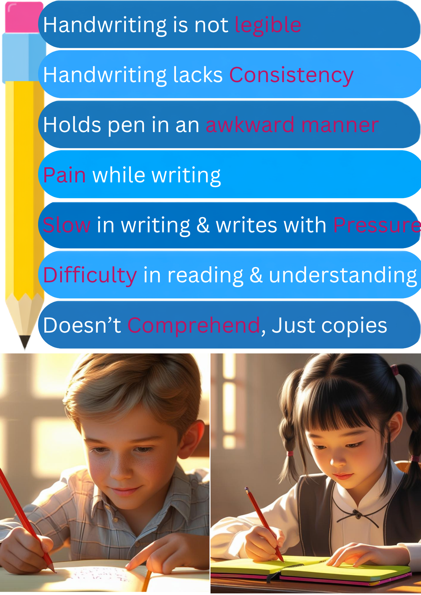 Handwriting challenges children face: illegible writing, inconsistency, awkward pen grip, pain, slow writing